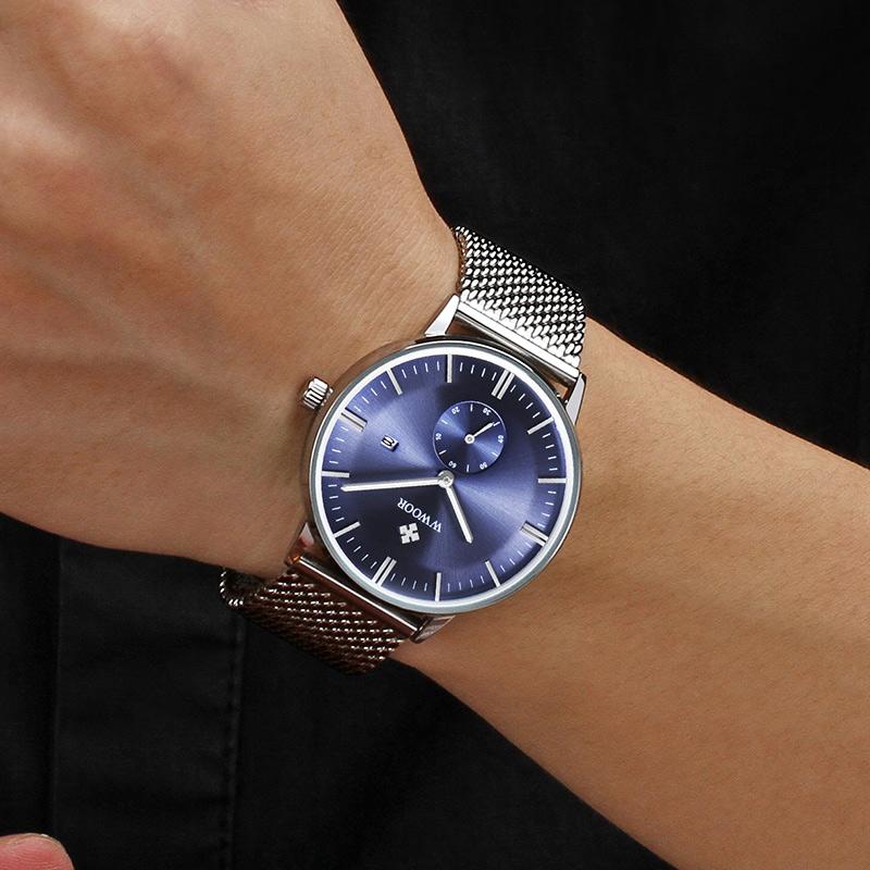 

Wristwatches Men's Watches Top Luxury Ultra Thin Dial Full Steel Wrist Watch Fashion Minimalism Waterproof Quartz Clock Erkek Kol Saati 2021, Blue no box