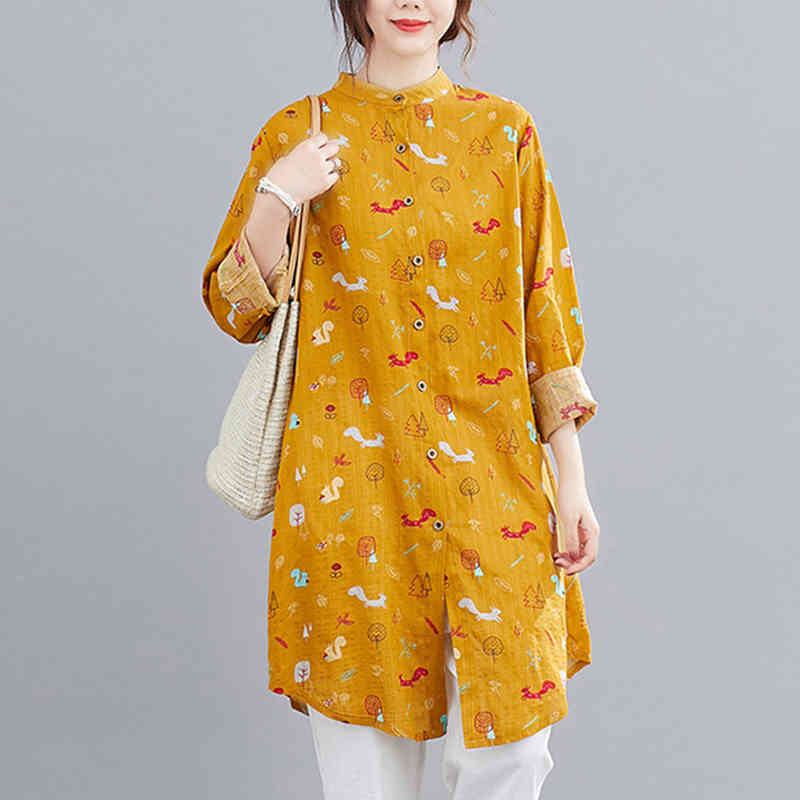 

Johnature Casual Print Women Long Shirts Spring O-neck Full Sleeve Loose Blouse All-match 3 Colors Cute Tops 210521, White