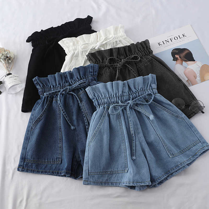 

Summer High Waist Denim Shorts Women Casual Loose Ladies Lace-up Elastic Waist Pocket Blue White Black Jeans Female Beach 210611, Light blue