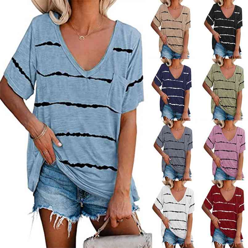 

Striped Pocket Short Sleeve V-neck Loose T Shirt Lady Summer Pullover Tops Casual T-shirts Women Plus Size Clothing 210604, Sky blue