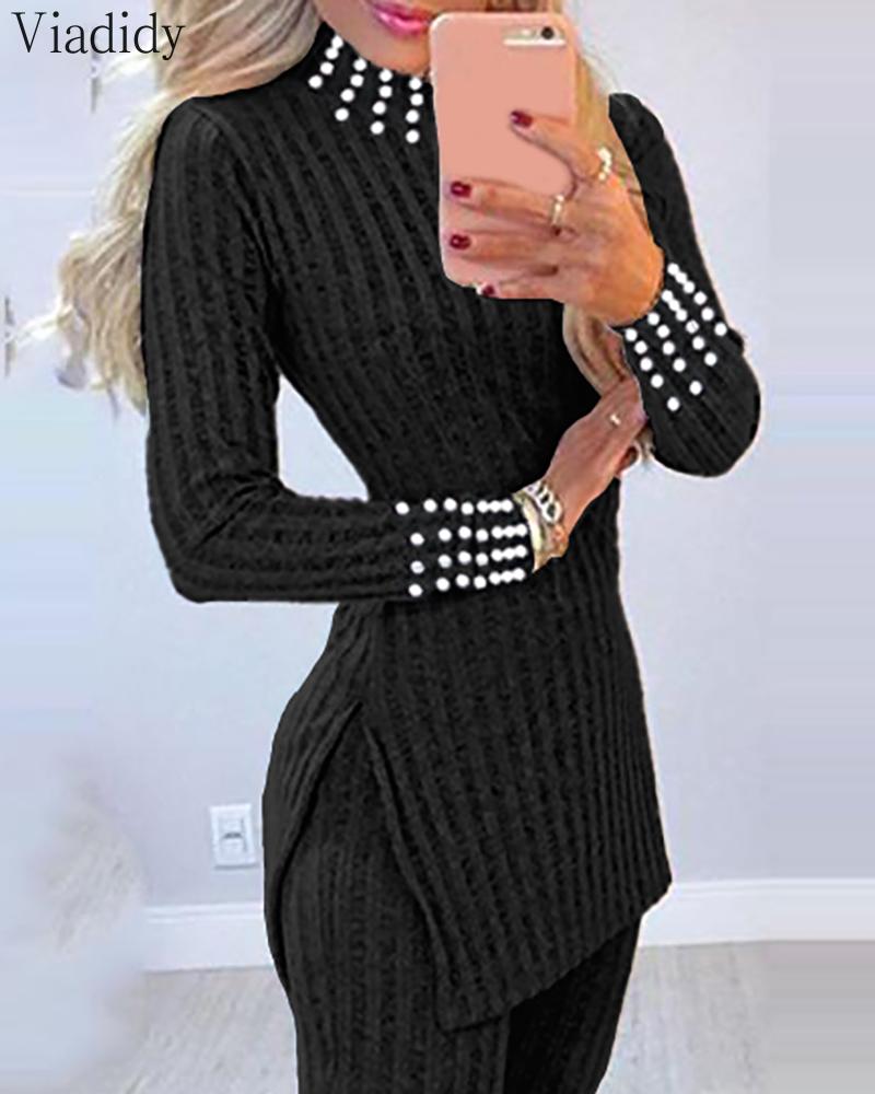 

Women' Two Piece Pants Suit Casual Knit Beaded Side Slit Long Sleeve Top Sweater & Set, Black