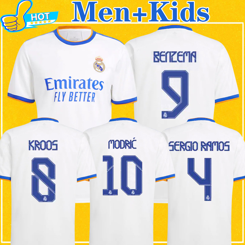 

Real Madrid Jerseys 21-22 Soccer SERGIO RAMOS BENZEMA ASENSIO VALVERDE CASEMIRO Football Shirt Men + Kids Kit, Home+patch