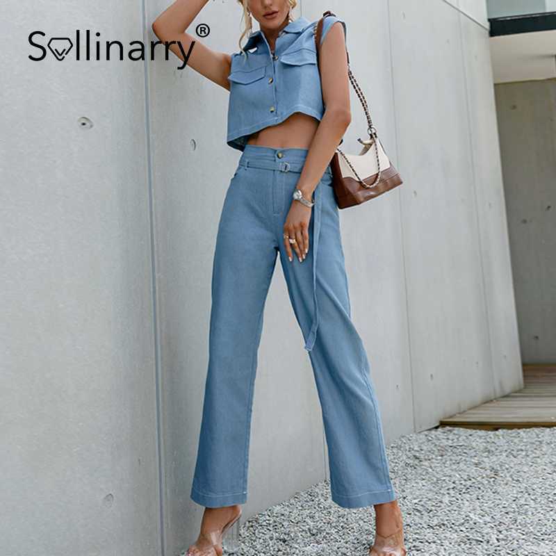 

Sollinarry Office lady denim two piece set women Street wear lapel loose sets summer Fashion sleeveless pocket crop sets 210709, Blue