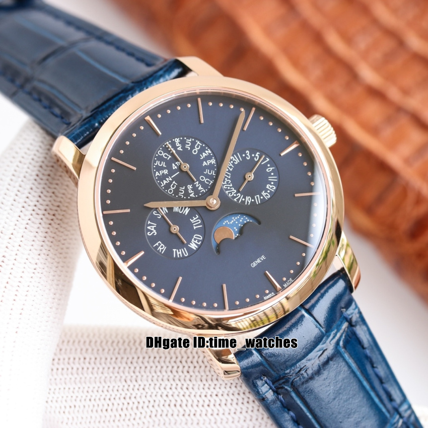 

8 Style Top Version TWF Watch Patrimony Perpetual Calendar 43175/000R-B519 Cal.1120QP Automatic Mens Watch Rose Gold Case Blue Dial Leather Strap Gents Sport watches, V3