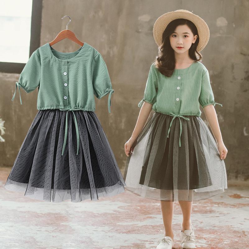 

Clothing Sets Girls Clothes Suit Summer 2021 Kids Short Sleeve Shirt + Princess Dress 2PCS For Children Mesh Outfits 3-12Y, White