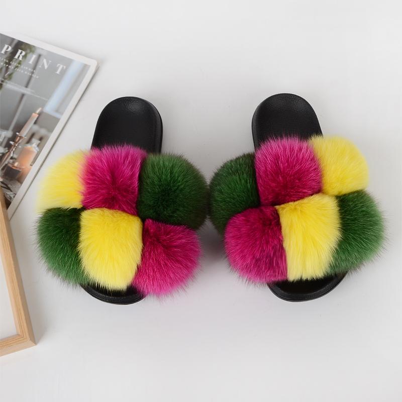 

Solid Colors Black PVC Sole Ladies Real Fur Slides Women Fluffy Mixed Six Balls Sandals