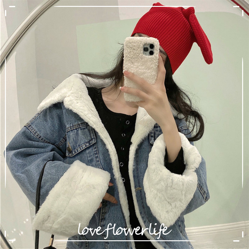 

Winter Coat Women Casual Loose Denim Jacket Female Long Sleeve Single Breasted Outerwear Fashion Warm Fur Jean Coat Korean 210521, As picture