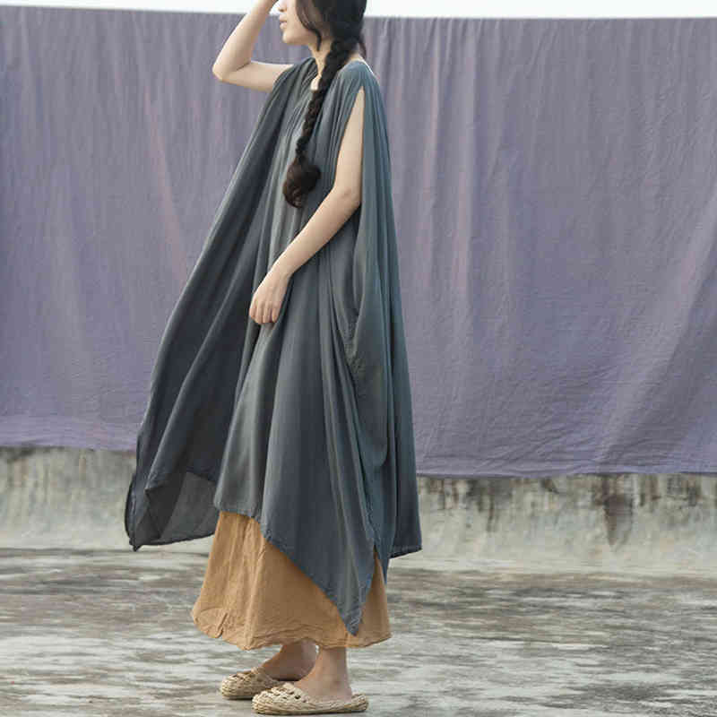 

Johnature Women Sleeveless Dress Loose Summer O-Neck Soft Loose Women Robes Solid Color Vintage Cotton Dress 210521, As picture