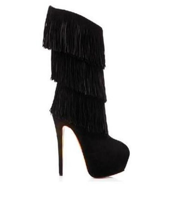 

Europe new list women's high heel boots factory outlet matte genuine leather fringed barrel pointed Martin boots