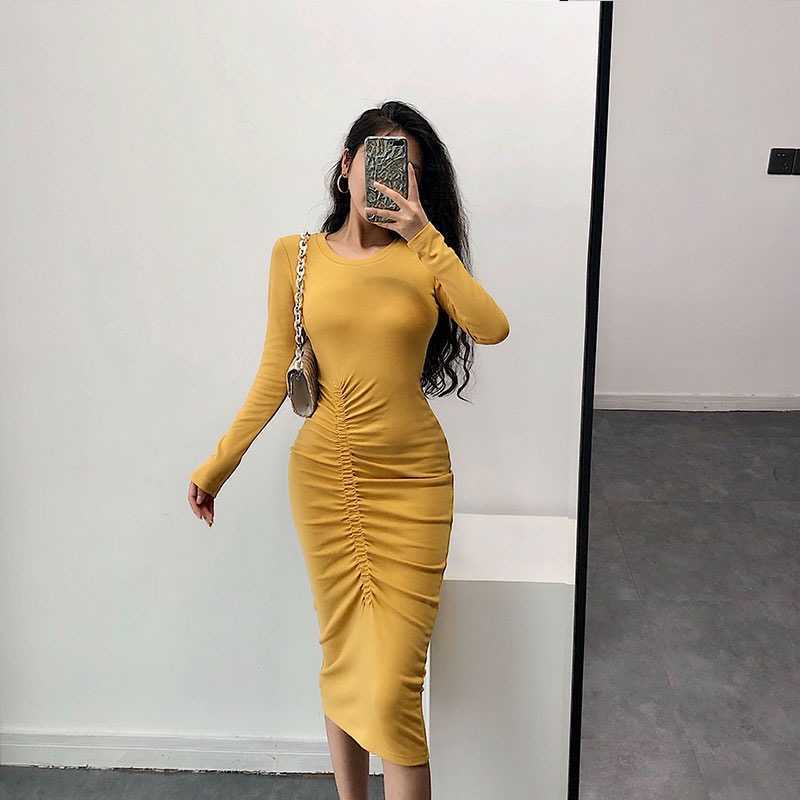 

Autumn and winter round neck long sleeve slim dress design sense tight elastic hip sexy temperament club 210604, Ginger