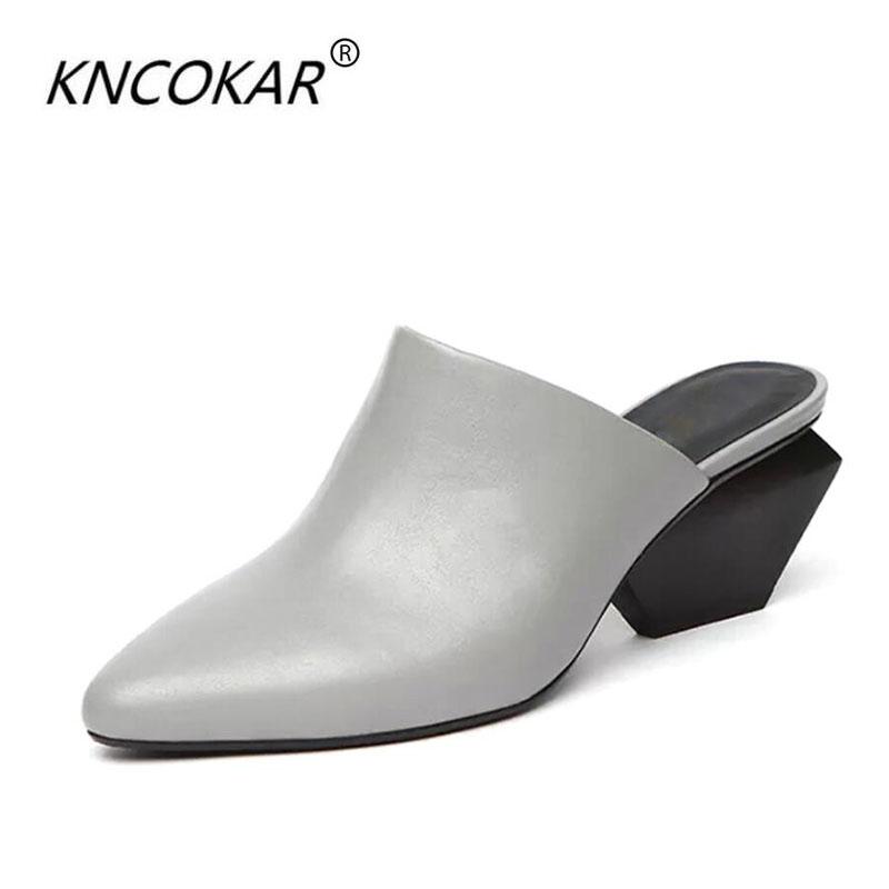 

Slippers KNCOKAR2021 High Heels And Pointy Lady Of Summer European American Baotou Cool Drag With Leather Sandals, Black