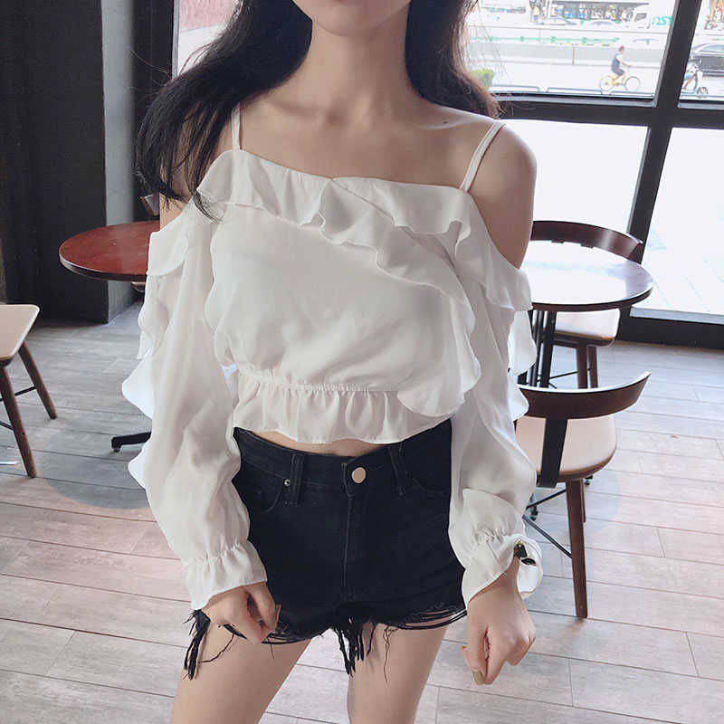 

Womens chiffon Off The Shoulder Ruffles Blouse Summer Tops Ladies Blouses Casual Stretch Shirts slash neck 210601, Black