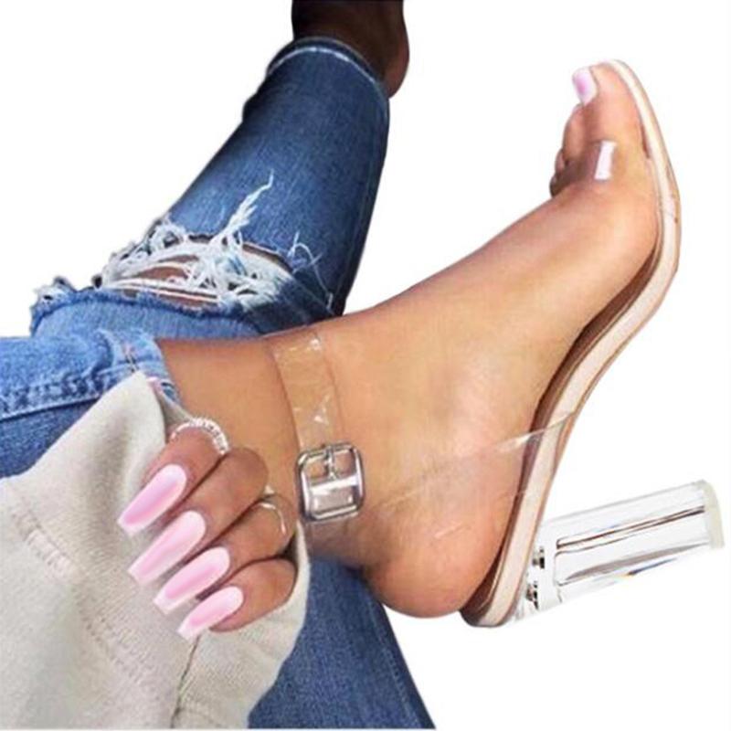 

Dress Shoes Aneikeh 2021 PVC Jelly Sandals Crystal Open Toed High Heels Women Transparent Heel Slippers Pumps 11CM Big Size 41 42, Golden