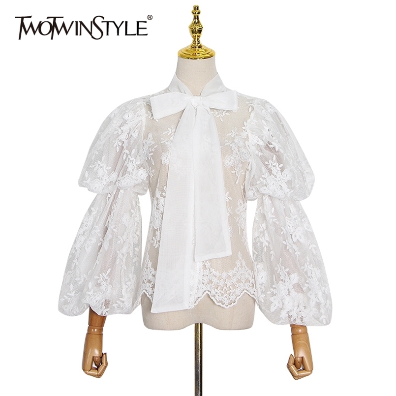 

White Patchwork Lace Shirt For Women Bow Collar Lantern Long Sleeve See Through Blouse Female Fashion Clothes 210524, Black