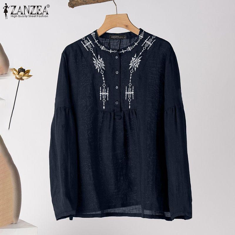 

Women's Blouses & Shirts Womens Cotton Linen Loose Tunic 2021 Autumn O Neck Blusas Female Long Sleeve Blouse ZANZEA Retro Embroidered Printe, White