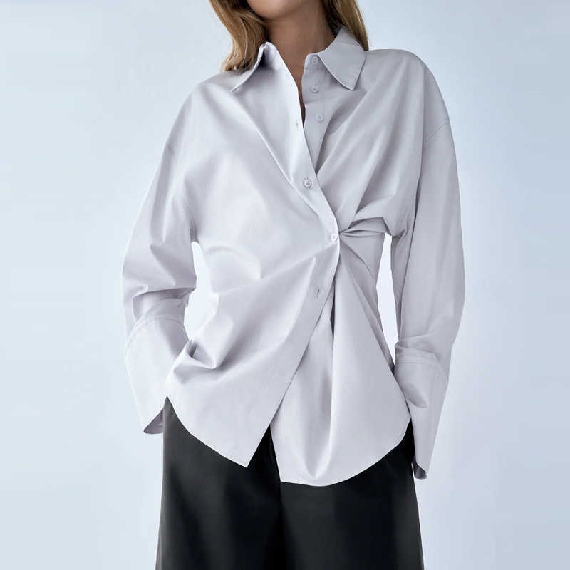

Za Poplin Wrap Shirt Women Long Sleeve Lapel Collar Casual Office Lady Shirts Woman Fashion Front Button Autumn Top 210602, As picture