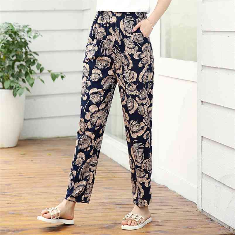 

22 Colors Women Summer Casual Pencil Pants High Waist Pants Printed Elastic Waist Middle Aged Women Pants 210721, 37