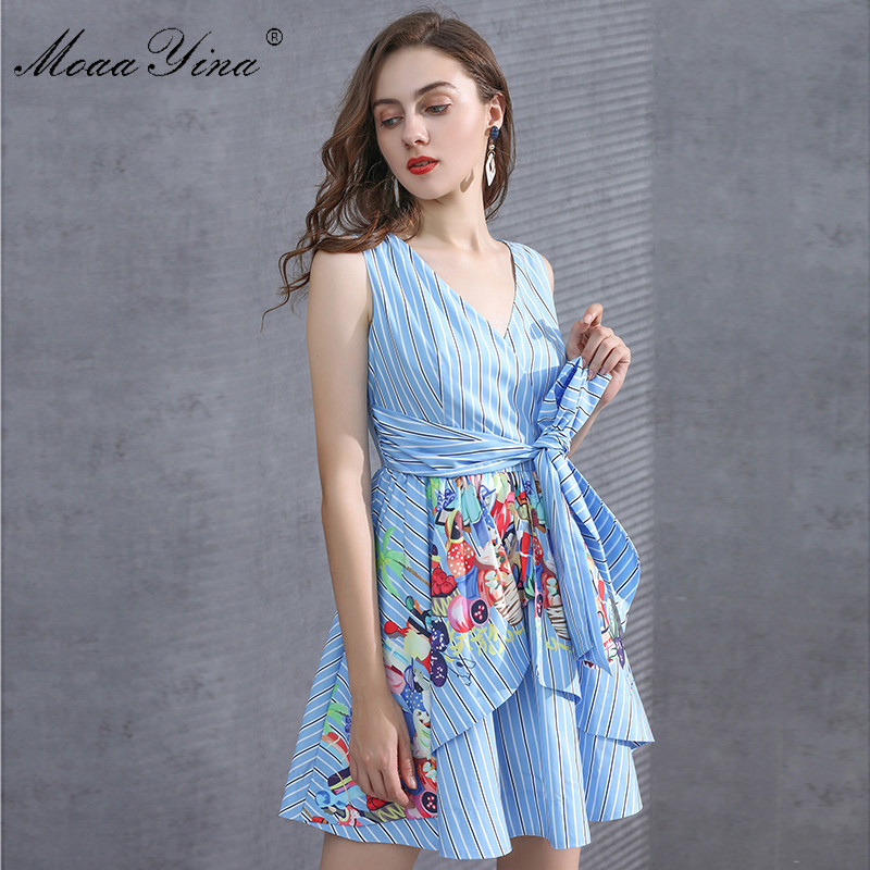 

Fashion Designer dress Summer Women's Dress V-neck Stripe Print bandage Ball Gown Dresses 210524, Multi