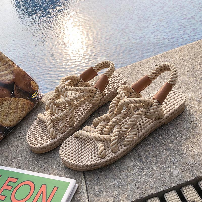 

Spring And Summer Fashion Casual Women's Rope Shoes Woven Roman Sandals Flat Bottom SJ985 Slippers, Black