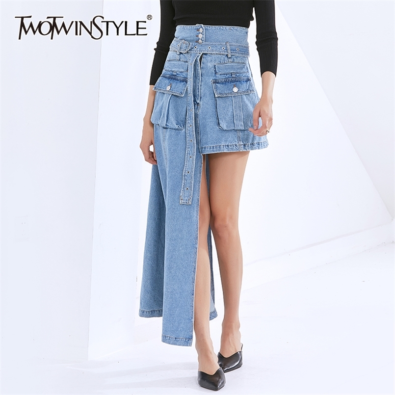 

Denim Asymmetrical Skirt For Women High Waist With Sashes Irregular Hem Casual Skirts Female Fashion Clothing 210521, Blue