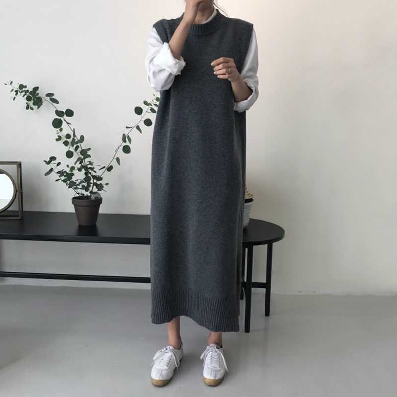 

Korean Autumn Solid O Neck Loose Sleeveless Wool All Match Split Long Vest Knitted Dresses for Women 210615, Black