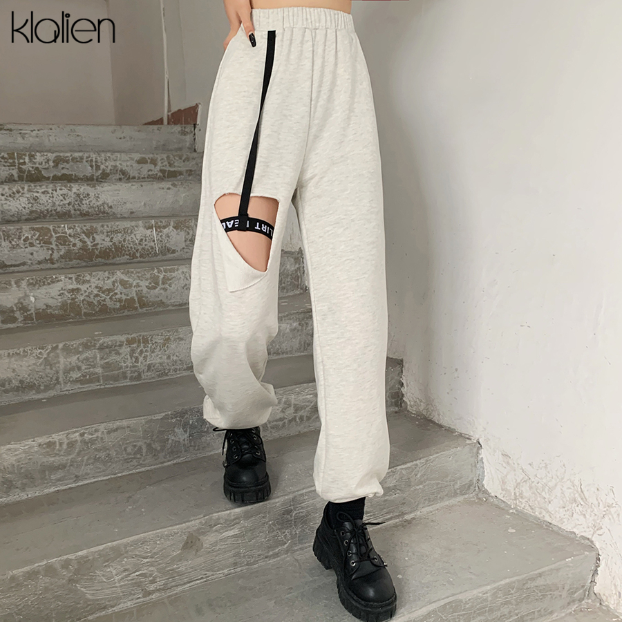 

fashion casual high street loose straight trousers women sports solid high waist pant ladies simple hole cotton pantplus size clothes, Black;gray