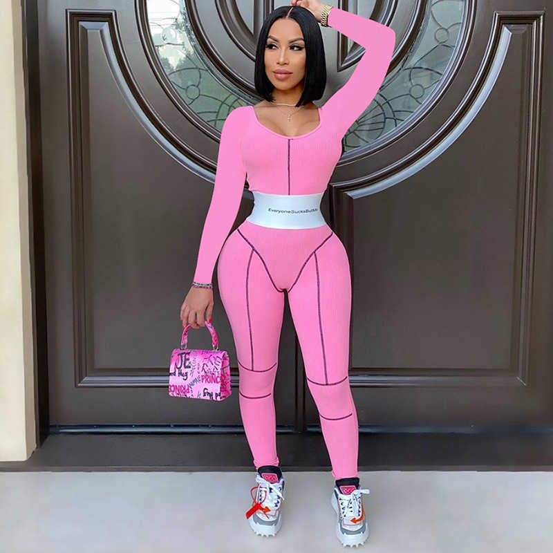 

Fashion Women Embroidery Bodycon Jumpsuits Long Sleeve O Neck Package Hip High Waist Femmal Clothing Streetwear Spring 210604, Pink