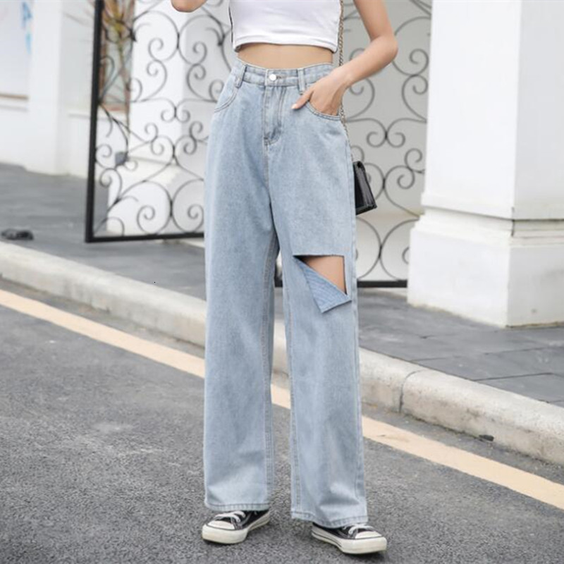 

Women's Jeans Woman Ripped High Waist Clothes Wide Leg Denim Clothing Streetwear Vintage Quality 2021 Fashion Harajuku Straight Pa 3SEC, Blue