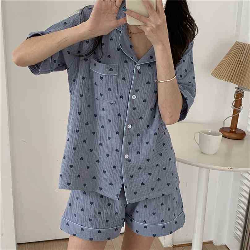 

Homewear High Quality Women Sweet Short Printing Princess Femme All Match Loose Nightwear Chic Pajamas Sets 210525, Blue