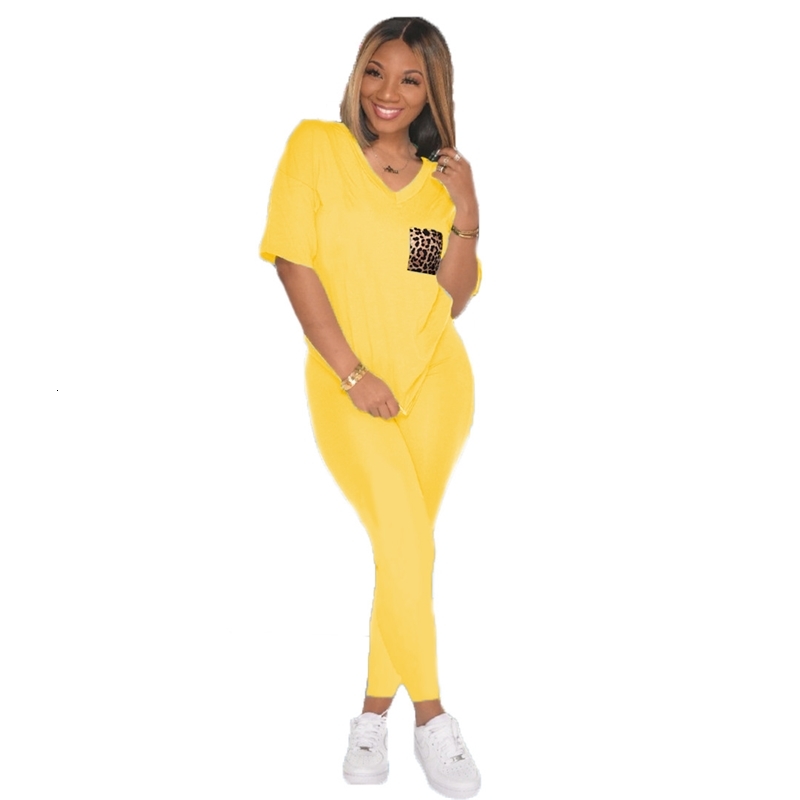 

Casual Fashion Women Solid Short Sleeves Leopard Patchwork T-Shirts High Waist ny Bodycon Jogging Leggings Two Piece Sets Autumn, Yellow