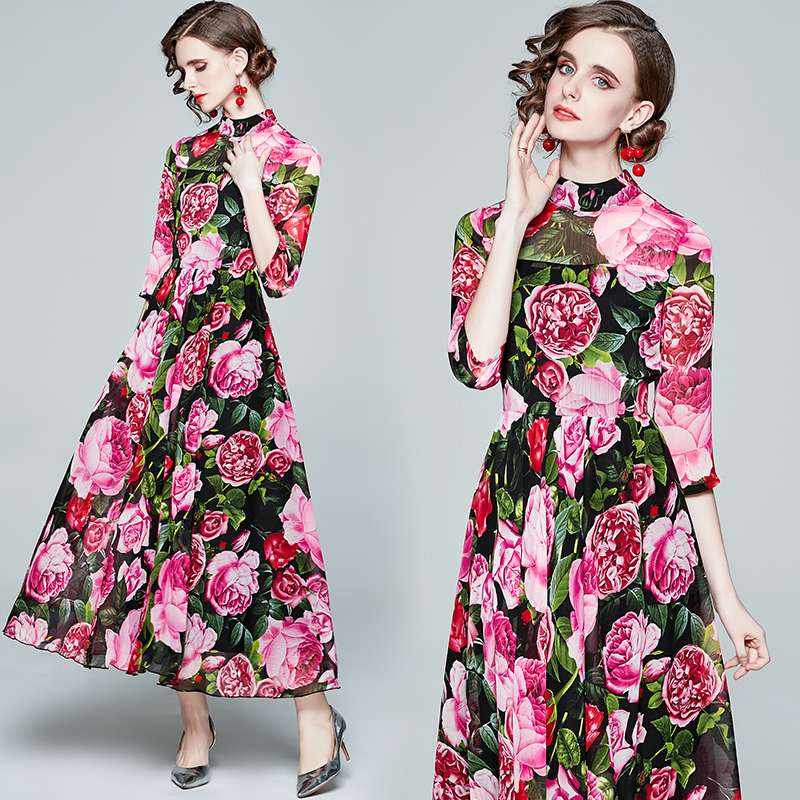 

2021 Runway Printed Beautiful Maxi Dress Women Designer Half Sleeve Mock Neck Office Holiday Prom Slim A-Line Pleated Floral Dresses Autumn Winter Ladies Clothes, White