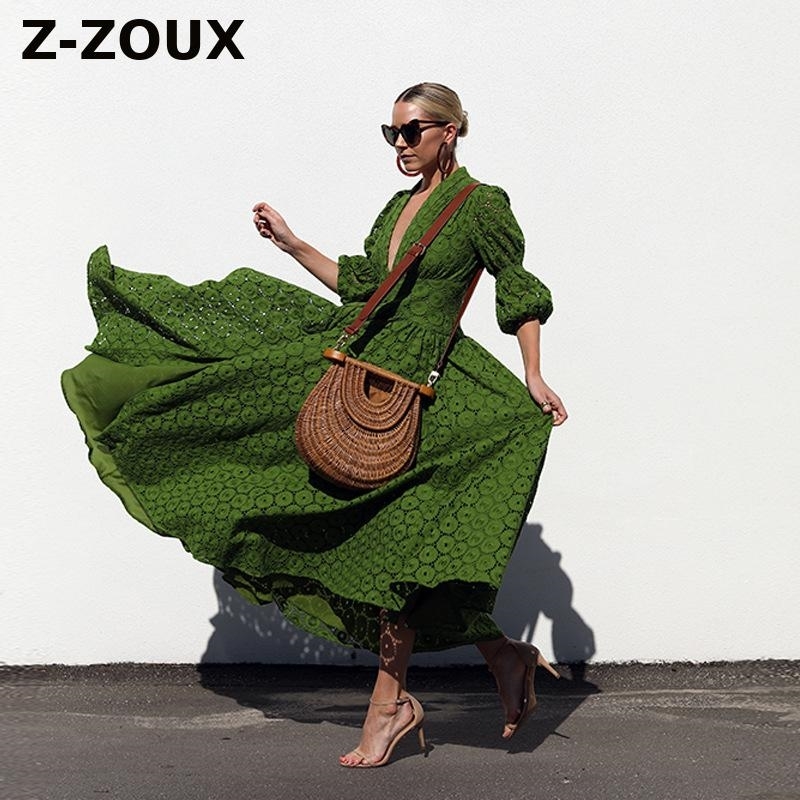 

Women Dress Puff Sleeve V-neck Print Dresses Plus Size Vintage Sexy Long Summer Clothes 210524, Green