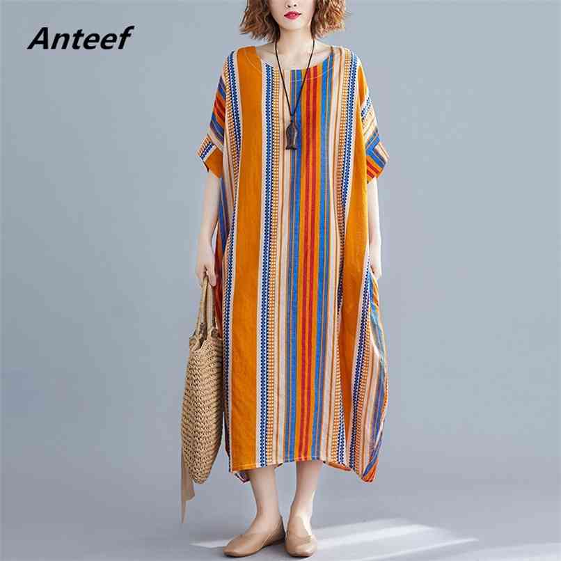 

yellow cotton plus size vintage stripe women casual loose long summer sun dress elegant clothes ladies dresses sundress 210517, Blue