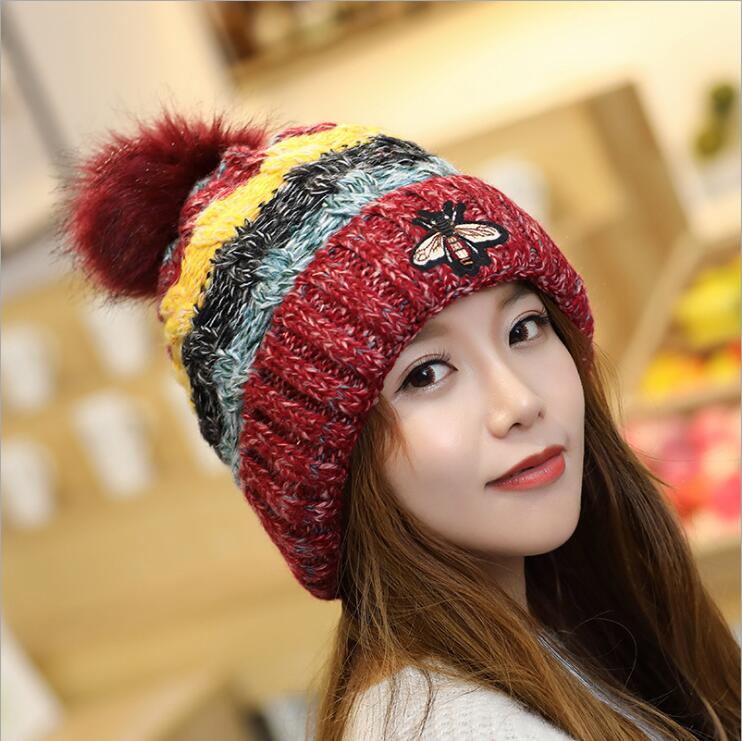 

New woolen women's trendy autumn and winter knitted hats caps GSZM006 Fashion Creative bee thick fur ball warm hat, Mix colors