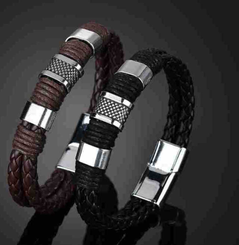 

Hand catenary Men's magnet CLASP BRACELET Pu alloy woven leather bracelet men's Bracelet, Golden;silver