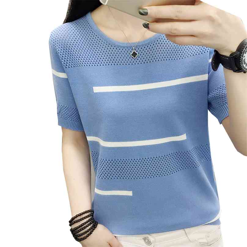 

Thin Summer Hollow Out Striped T Shirt Women Tshirt Knitted Korean T- Woman Clothes Tee Femme Camisetas Mujer 210720, Green