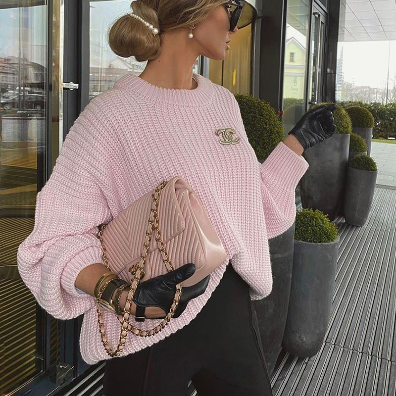 

meiyangyoung elegant solid knitted sweaters women o neck basic oversized pink sweater autumn winter long sleeve crop femme, Black