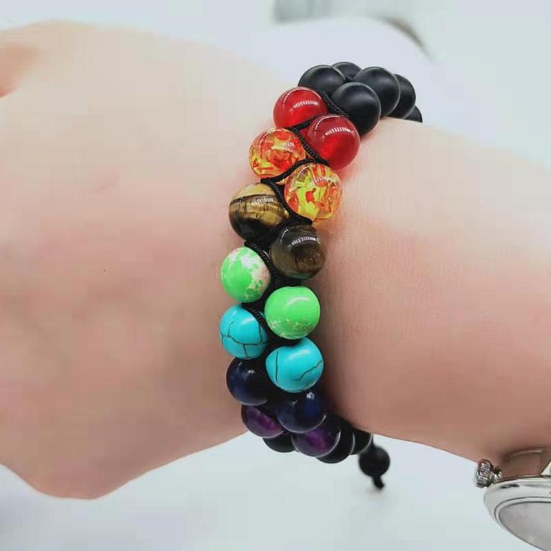 

Beaded, Strands Fashion Personality Colorful Yoga Chakra Bracelet Natural Volcanic Stone Scrub Double Layer Braided