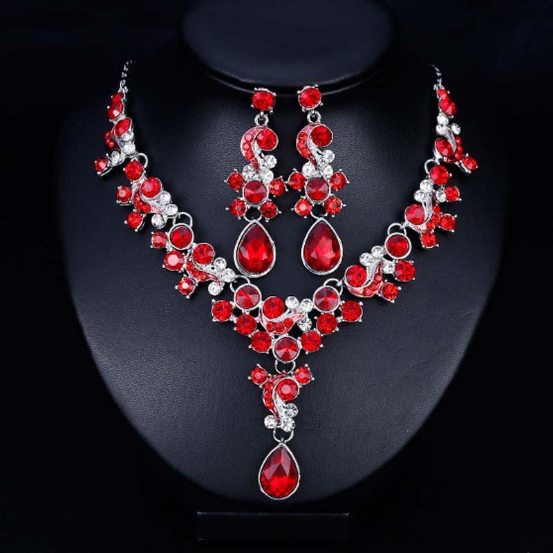 

Earrings & Necklace Boutique Bling Red Crystal Rhinestone And Dangle Earring Set Women Wedding Pageant Party Prom Brides Jewelry BH, As pic