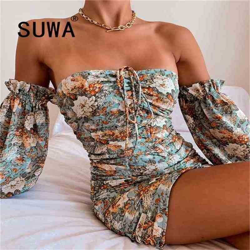 

Summer Flower Print Long Sleeve Dress Women Evening Party Night es Sexy Off Shoulder Drawstring Bodycon Slim Mini 210525, Multi