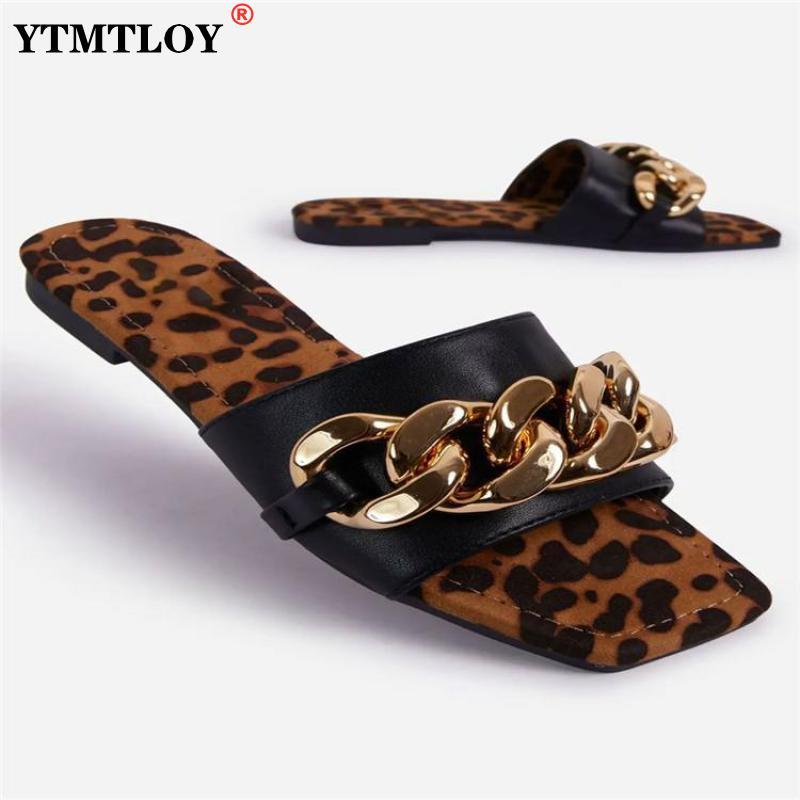 

Slippers Brand Design Leopard Chain Women Slipper Closed Toe Slip On Shoes Round Low Heels Casual Slides Flip Flop Sexy Summer, Black