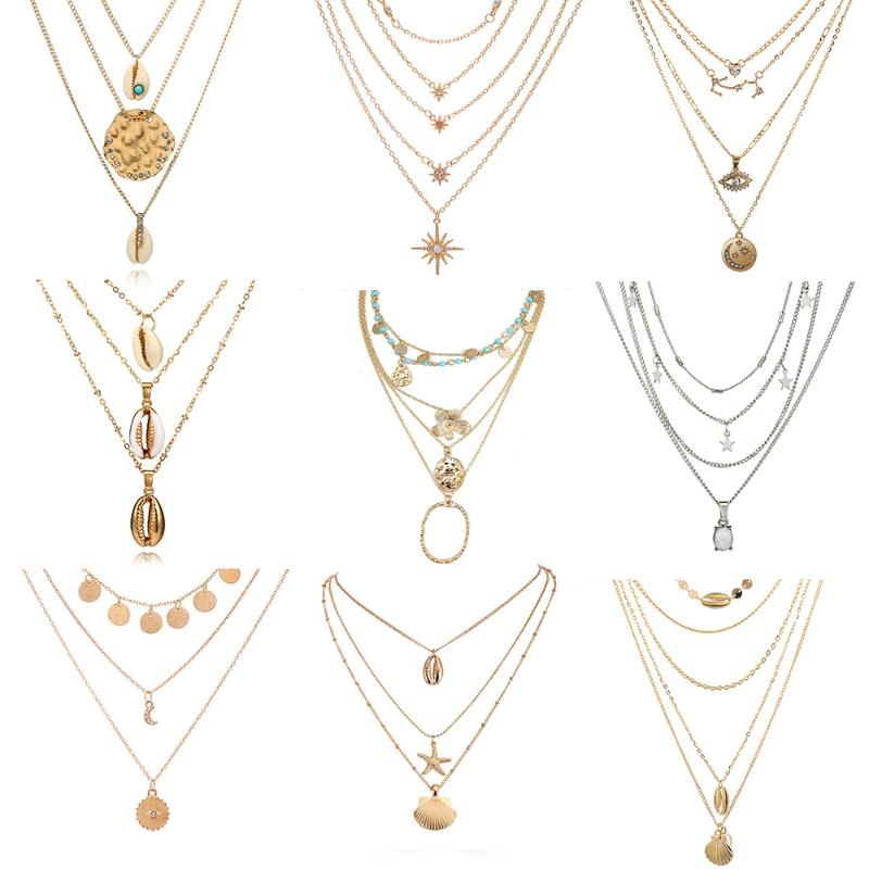 

Pendant Necklaces Bohemian 2021 Gold Silver Color Multilayer Choker For Women Fashion Shell Crystal Moon Star Necklace Jewelry