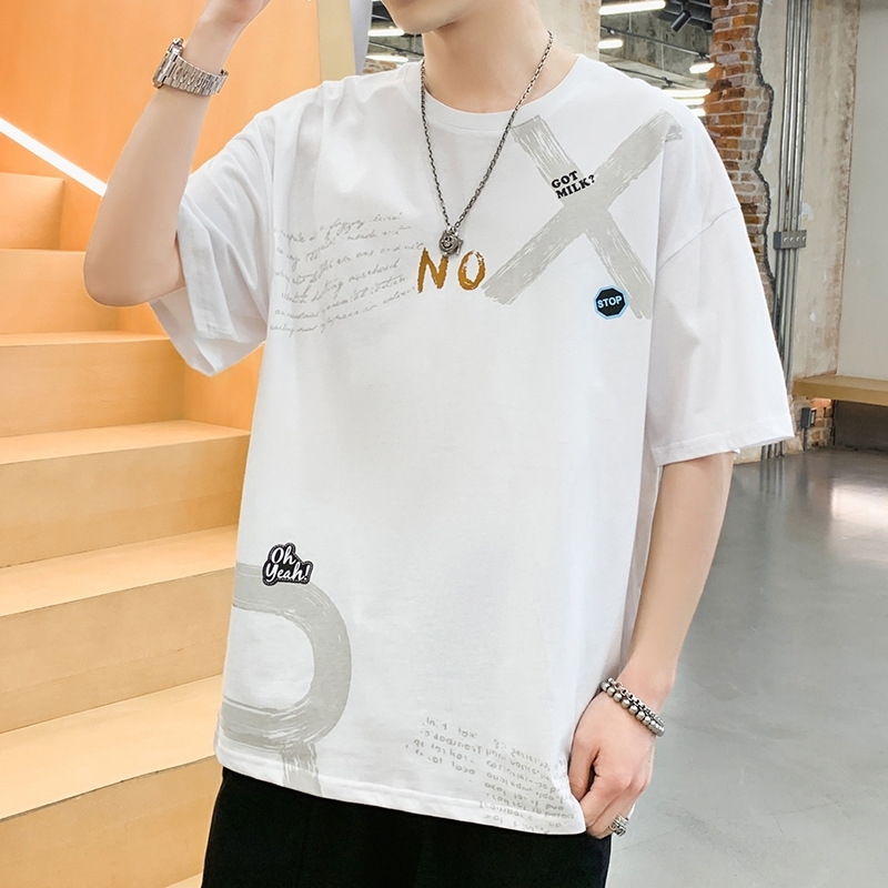 

Summer Cotton Short Sleeve inschao men's Korean leisure fashion clothes half sleeve round neck student T-shirt, White;black