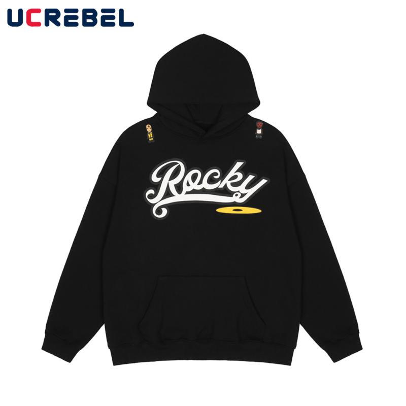 

Men's Hoodies & Sweatshirts Letter Print Fleece Mens Autumn Casual Streetwear Loose Long Sleeve Pullover Men, Black