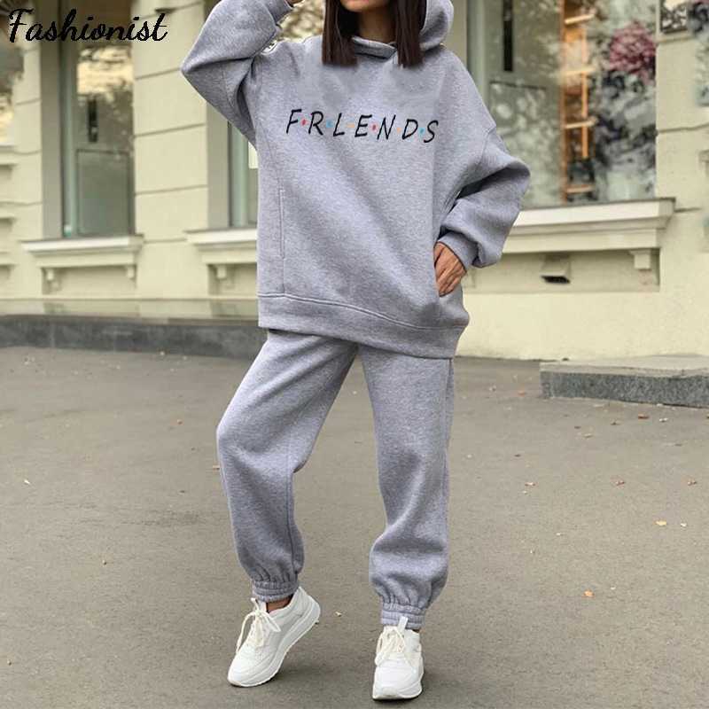 

Print Fleece Tracksuit Two Piece Sets Women Oversized Hooded Long Sleeve Hoodie Suit Female Casual Solid Sport Pants Ladies Set 210709, Frineds 1 khaki