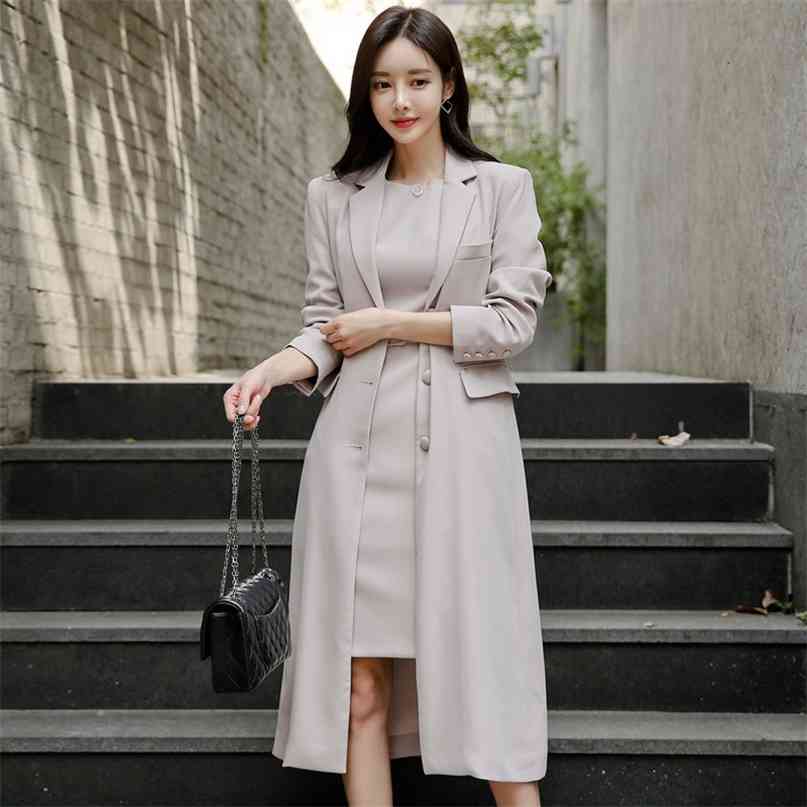 

Elegant Women Long Blazer Coat Spring Autumn Notched Collar Sleeve Office Lady Outerwear Work 210603, Long coat
