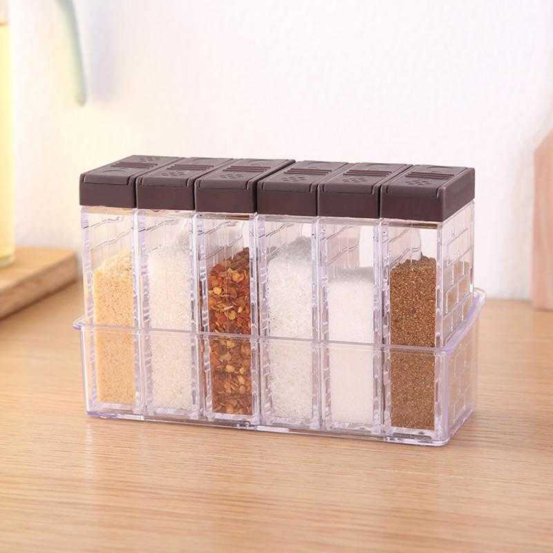 

6pcs/set Kitchen Jar Seasoning Rack Spice Storage Bottle Jars Transparent PP Salt Pepper Cumin Powder Box Tool