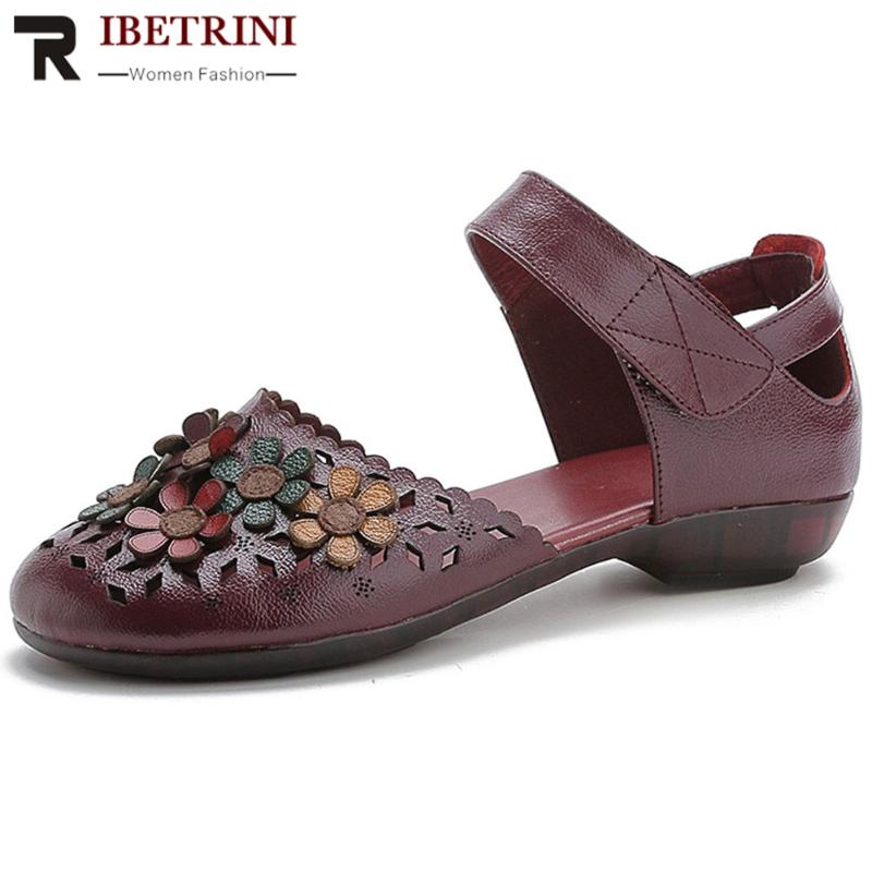 

Women Ethnic Elegant Flowers Shoes Comfy Split Leather Sandals Low Heel Concise, Black