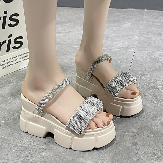 

Slippers Rimocy Fashion Crystal Wedges Women Summer Open Toe Pleated Chunky Platform Sandals Woman 2021 Thick High Heels Slides, Beige