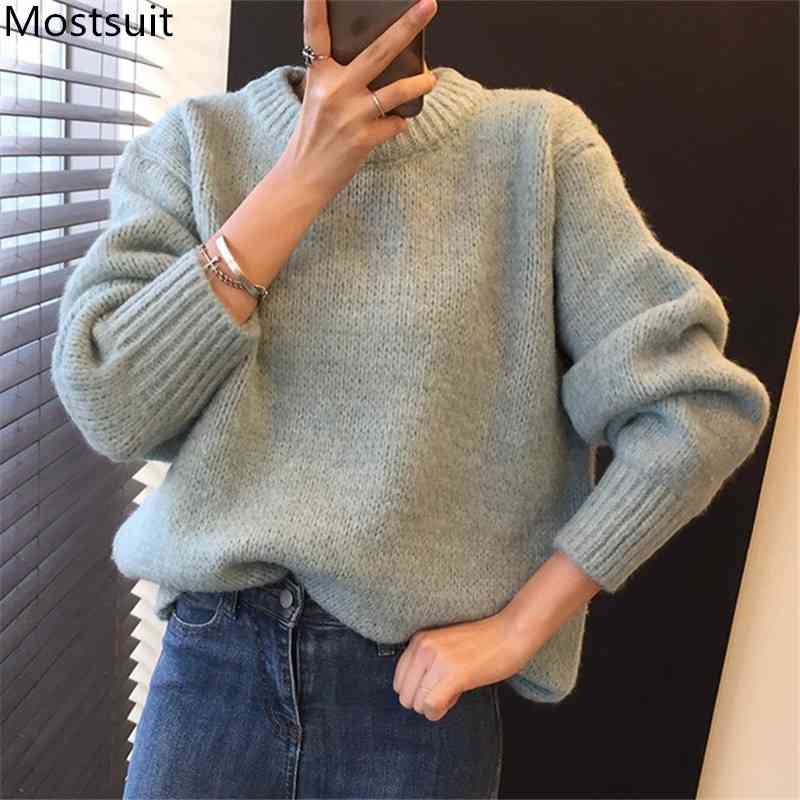 

Korean Solid Women Sweaters Pullovers Winter Long Sleeve O-neck Basic Loose Casual Fashion Ladies Tops Jumpers Femme 210518, Green